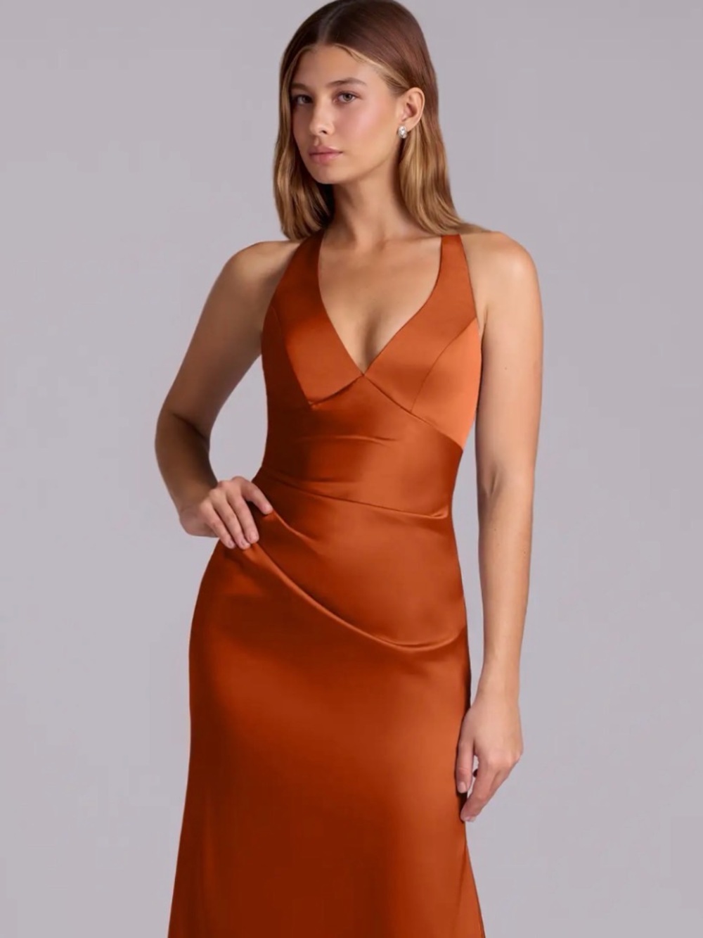 Azazie Strapless Satin Slip Dress in Rust Orange